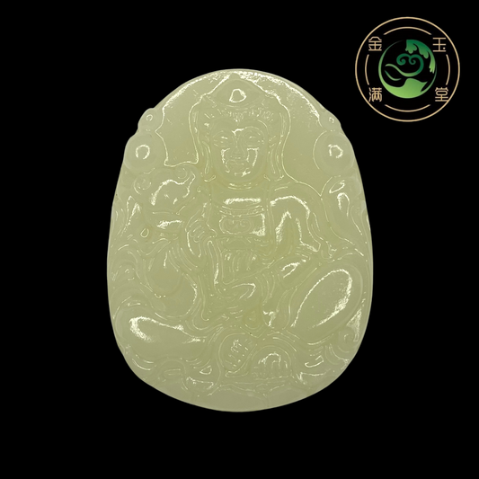 Natural Afghanistan White Jade Sitting Guan Yin Goddess of Mercy Pendant