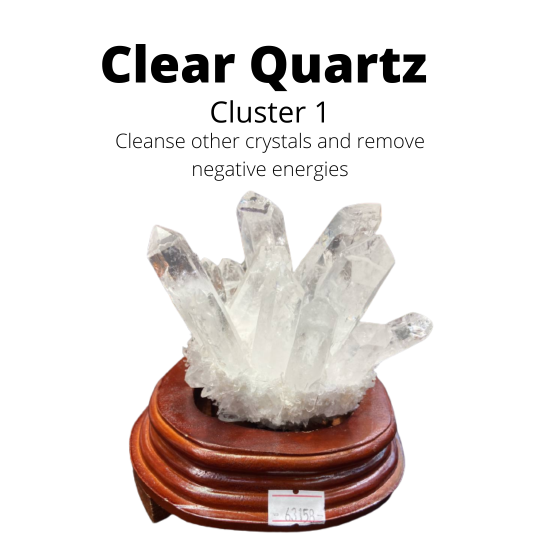 Natural Clear Quartz Cluster with Wooden Base