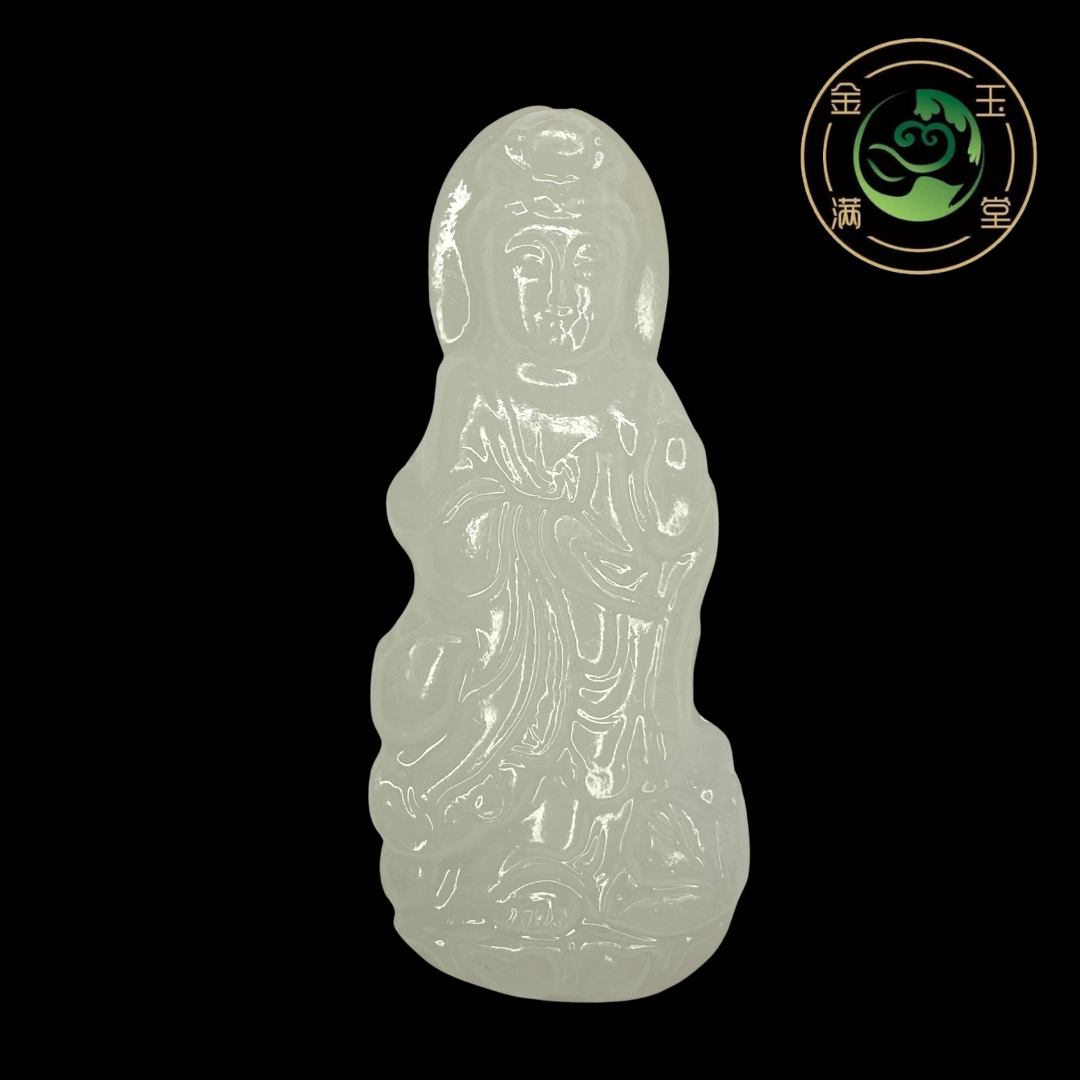 Natural Afghanistan White Jade Standing Guan Yin Goddess of Mercy Pendant