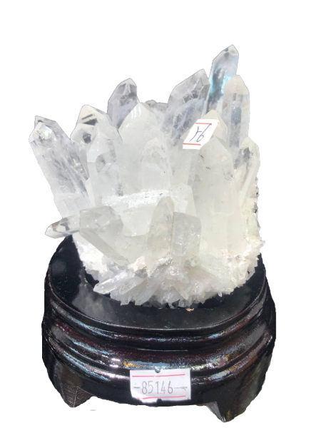 Natural Clear Quartz Cluster with Wooden Base