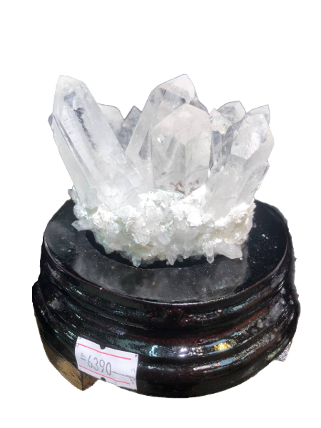 Natural Clear Quartz Cluster with Wooden Base