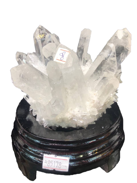 Natural Clear Quartz Cluster with Wooden Base